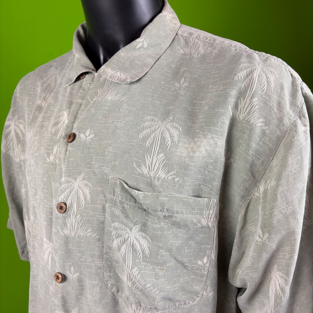 Tommy Bahama Mens XL Silk Hawaiian Shirt Gray Tonal Palm Jacquard Button Pocket